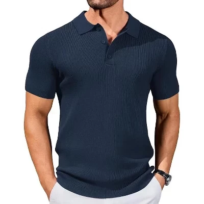 Мужские трикотажные рубашки поло Slim Fit, деловой легкий свитер поло, повседневная летняя футболка с ребристым текстурированным воротником синего цвета
