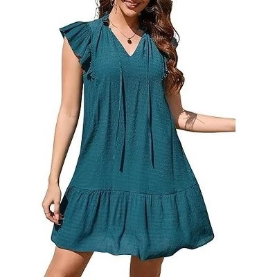 Женское мини-платье Babydoll, летнее короткое платье-сорочка с V-образным вырезом и развевающимися рукавами в стиле бохо с цветочным рисунком, зеленое