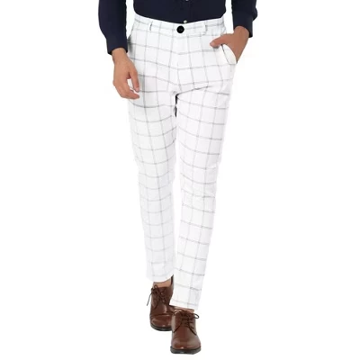 Мужские брюки в клетку с принтом Slim Fit на плоской подошве спереди для делового костюма белого цвета