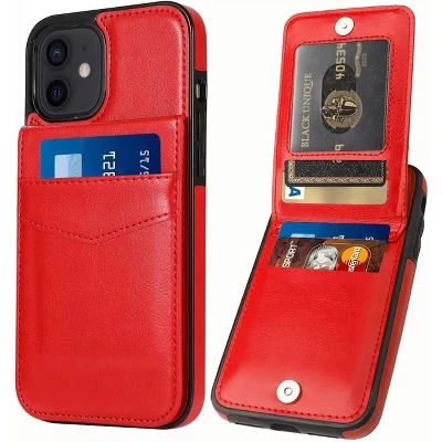 Чехол, совместимый с iPhone 12/12 Pro - [Держатель для карт с 6 слотами] Тонкий кожаный бумажник красного цвета