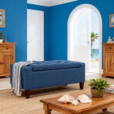 Upholstered Storage Ottoman,Lift Top Ottoman Bench with Storage,Rubberwood Legs,330 lb Capacity,Storage Bench for Living Room,Bedroom blue