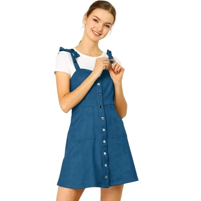 Женское мини-платье трапециевидной формы из искусственной замши на ремешке и пуговицах синего цвета