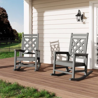 уличное кресло-качалка Adirondack из 2шт, устойчивое к атмосферным воздействиям из полиэтилена высокой плотности, вместимость 380 фунтов, Текстура дерева, Широкая эргономичная спинка серого цвета