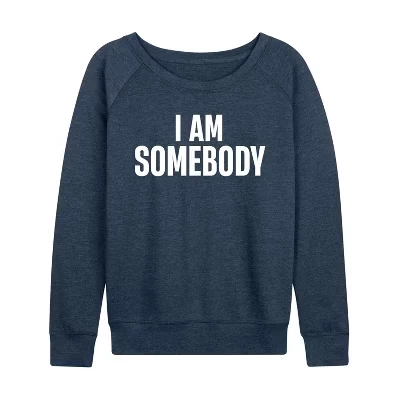 Женская рубашка I Am Somebody из легкой французской махровой ткани с широким вырезом и длинными рукавами цвета Хизер индиго с графическим рисунком.