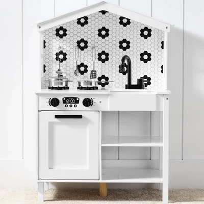 Farmhouse Play Kitchen Toy for Kids w/ Chalkboard, Storage Shelves, 5 Accessories multicolor