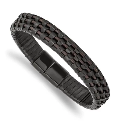 Black Bow Jewelry 12mm Black Plated Stainless Steel Two Tone Leather Bracelet, 8.25 Inch multicolor (2)
