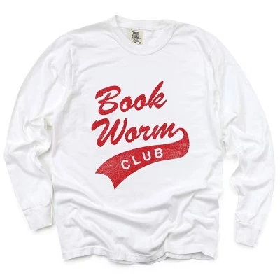 Book Worm Club Distressed - Женская одежда, окрашенная футболка с длинным рукавом и рисунком белого цвета