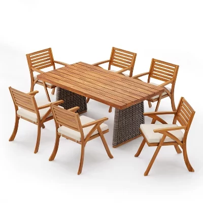 Обеденный гарнитур Diana Rustic из 7 предметов на открытом воздухе с решетками из ротанга и дерева акации с подушками из тика/серого
