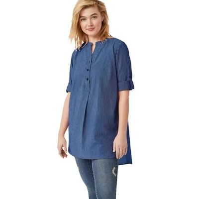 Туника Henley royal cobalt stripe свободного кроя с закатанным рукавом Ellos длиной три четверти из 100% хлопка в полоску royal cobalt
