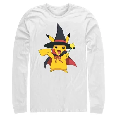 Мужская рубашка с длинным рукавом Halloween Pikachu Magic Wand белого цвета