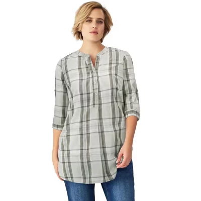 Женская туника Ellos Henley из хлопка, зеленая в клетку