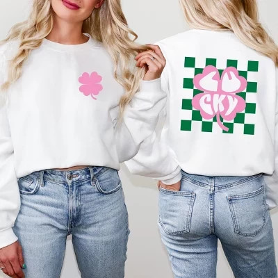Женская толстовка с рисунком Lucky Clover в клетку спереди и сзади белого цвета