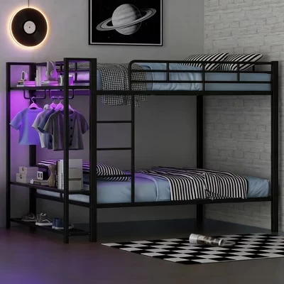 Двухъярусная кровать Luxystar Full, 3 полки и LED, черная