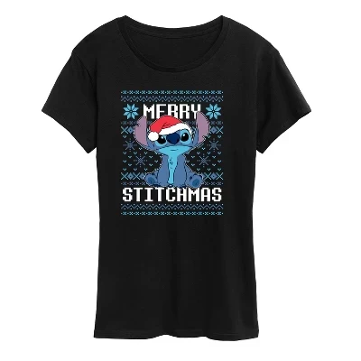 Женская футболка с коротким рукавом и рисунком Merry Stitchmas Christmas, черная