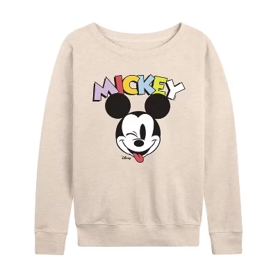 Женская легкая французская махровая рубашка Mickey Wink с широким вырезом и длинным рукавом в графическом стиле.