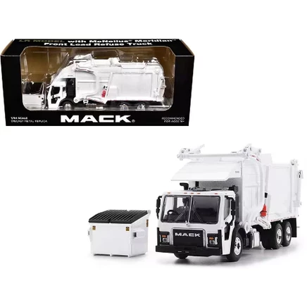 Мусоровоз Mack LR с фронтальным погрузчиком McNeilus Meridian белого цвета с мусорным ведром 1/64, изготовленный на заказ компанией DCP/