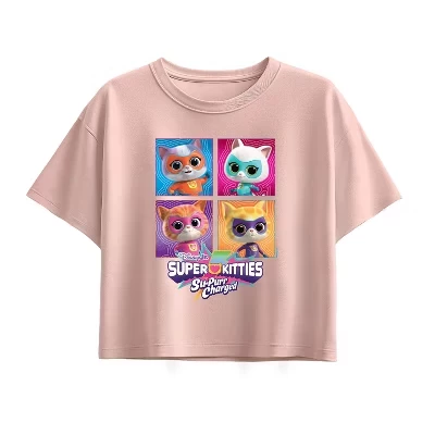 Футболка для девочек - Super Kitties - в сеточку с коротким рукавом и квадратным рисунком розового цвета