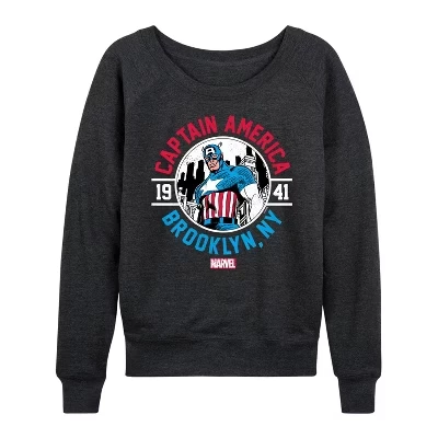 Women's -  - Captain America Brooklyn Lightweight French Terry Wide Neck Long Sleeve Graphic Shirt heather charcoal
