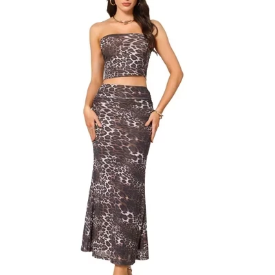 Women's Summer Leopard Print Strapless Crop Tube Top Bodycon Maxi Skirts Vacation Outfits Two Pieces brown