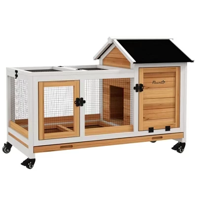 PawHut Indoor Outdoor Wooden Rabbit Hutch with Wheels, Large Bunny Cage with Run, Slide-out Tray for Small Animals, Guinea Pig yellow
