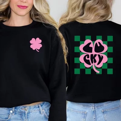 Женская толстовка с рисунком Lucky Clover в клетку спереди и сзади midnight