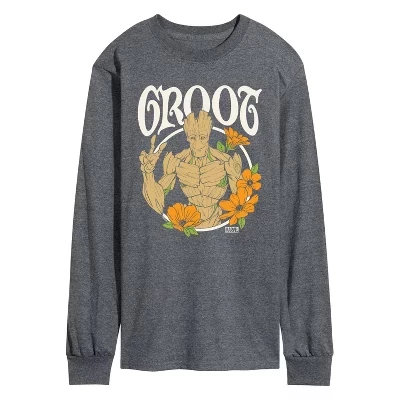 Мужская футболка Guardians of the Galaxy Groot Peace Flowers с длинным рукавом и графическим рисунком heather charcoal