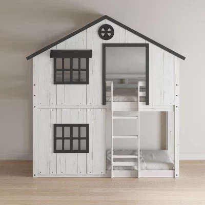 Детская двухъярусная кровать Twin Over Twin House, низкая деревянная двухъярусная кровать Монтессори, Удобная лестница на верхнюю койку
