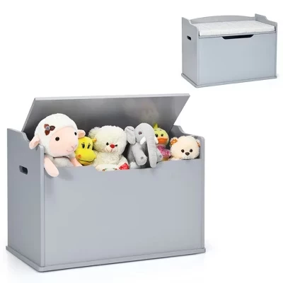 Kids Toy Box Wooden Flip-top Storage Chest Bench W/ Cushion Safety Hinge