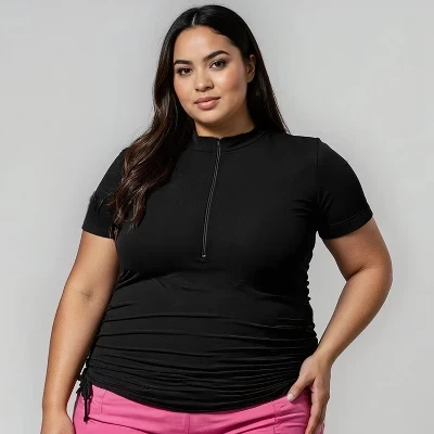 Женский купальник Rashguard UPF 50+ Adele Swim Top с коротким рукавом и застежкой на молнию большого размера, черный