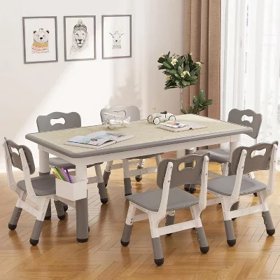 Kids Table and 6 Chairs Set with Graffiti Desktop, Height Adjustable Table Set for Ages 2-10, Children's Activity Table, for Daycare,Classroom & Home gray