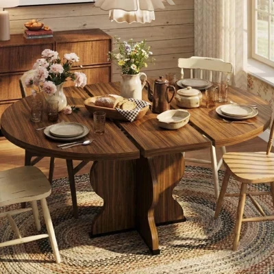 63-дюймовый раздвижной круглый обеденный стол на 4-8 персон, Овальный кухонный стол из натурального дерева, Толстая столешница, Широкая волнистая ножка, Круглый, для ужина, Столовая, Квартира, орех