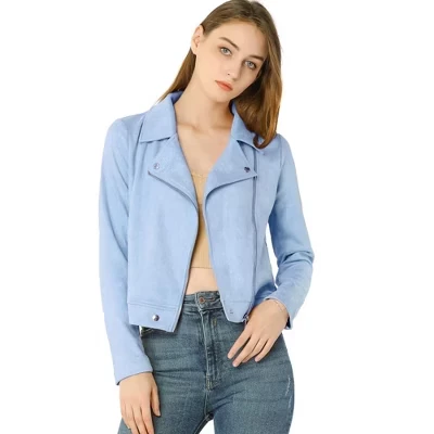 Women's Zip Up Faux Suede Biker Moto Jacket light blue