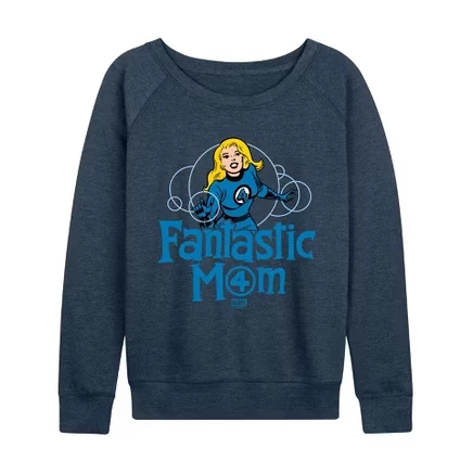 Женская легкая махровая рубашка Fantastic Mom с широким вырезом и длинным рукавом с графическим рисунком heather indigo