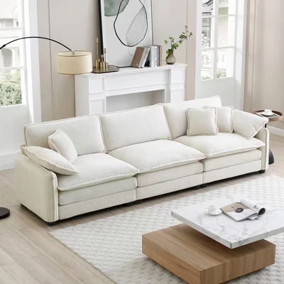 Современный 3-местный секционный диван Johnson Mid-Century Modern 115,34 дюйма, обитый деревом и вельветом, бежевый