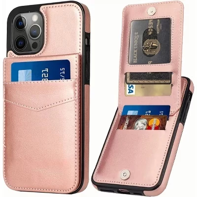 Чехол, совместимый с iPhone 14 Pro - [Держатель для карт с 6 слотами] Тонкий кожаный бумажник розового цвета