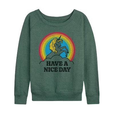 Женская футболка Unicorn Have A Nice Day, легкая махровая рубашка с широким вырезом и длинными рукавами, с рисунком heather juniper