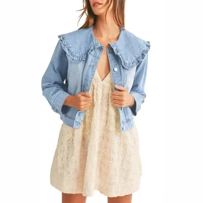 Womens Denim Jacket Peter Pan Collar Cute Cropped Long Sleeve Shirts Jean Coat with Pockets light blue