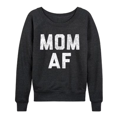 Women's -  - Mom AF Lightweight French Terry Wide Neck Long Sleeve Graphic Shirt heather charcoal