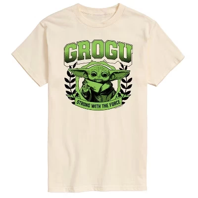 Мужская футболка The Mandalorian Grogu Collegiate с коротким рукавом и графическим принтом кремового цвета.