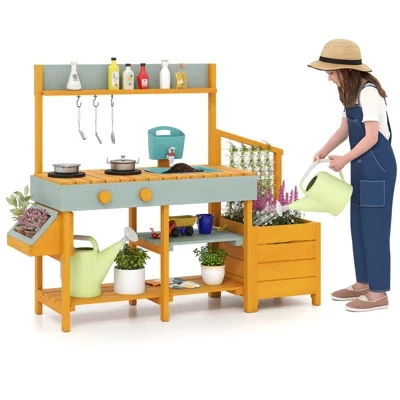 Игровая кухня для детей Деревянный игрушечный кухонный игровой набор со съемным краном и раковиной Коричневый / желтый