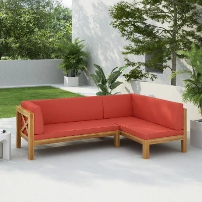 Lyra Outdoor Acacia Wood 4-местный 88,5-дюймовый секционный диван с подушками красного цвета