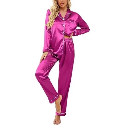Women's Classic Button Down Long Satin Silk Pajama Set rose