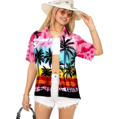 Гавайские рубашки женские s Funky Vacation Button Up Повседневная летняя пляжная блузка для вечеринок, топы, рубашки с коротким рукавом, маскировка для женщин