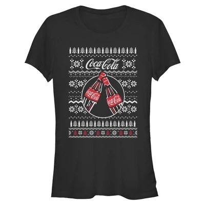 Футболка с рисунком уродливого рождественского свитера для юниорок и женщин Coca Cola Classic Bottles черная