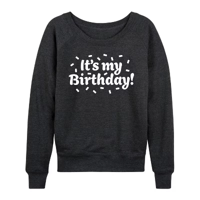 Женская рубашка It's My Birthday из легкого французского махрового полотна с широким вырезом и длинными рукавами и графическим рисунком в виде верескового древесного угля.