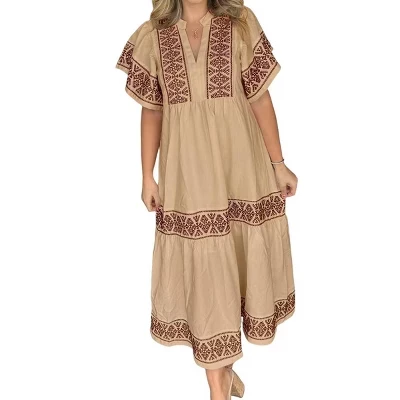 Women's Casual Ethnic Print Short Sleeve Maxi Dress Notch V Neck Pleated Loose A-line Dresses khaki