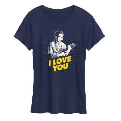 Женская футболка с изображением принцессы Леи на день святого Валентина I Love You с коротким рукавом темно-синего цвета