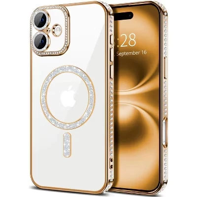 [Магнитный] чехол, совместимый с iPhone 16 - [Прозрачная задняя крышка] Роскошное золото с бриллиантами