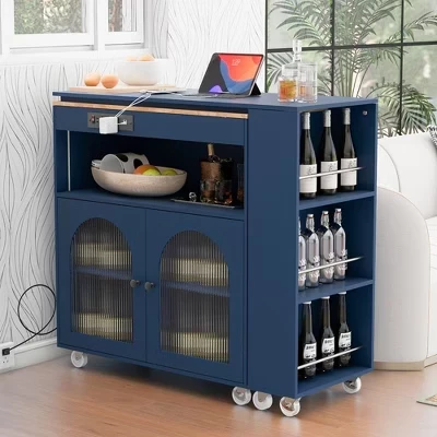 LED Lights White Wood Top 34 in. Kitchen Island Cart with Power Outlet, 2 Fluted Glass Doors blue