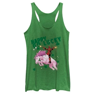 Women's  St. Patrick's Day Happy Go Lucky Deadpool Racerback Tank Top green